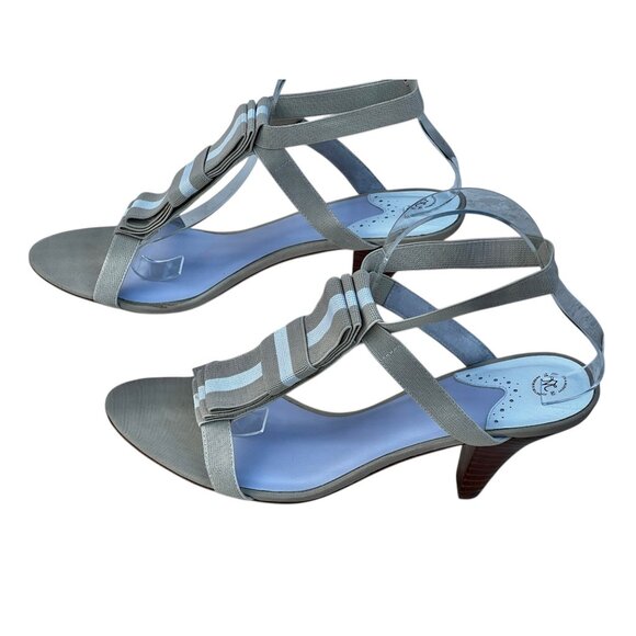 Johnston & Murphy Womens 10M Beige & White Sandals Heels Striped Elastic Straps - Picture 2 of 16